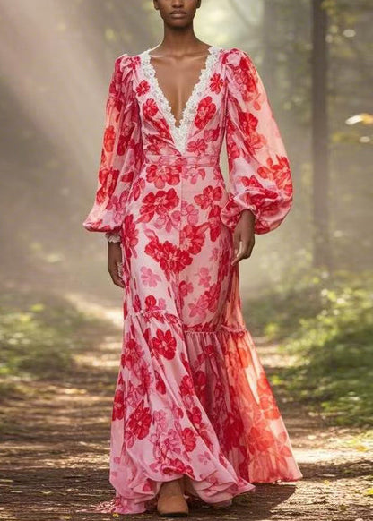 Red V Neck Print Ruffled Chiffon Long Dress Spring