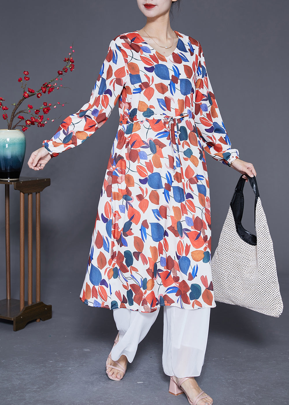 Red V Neck Print Silk Cinched Dress Spring