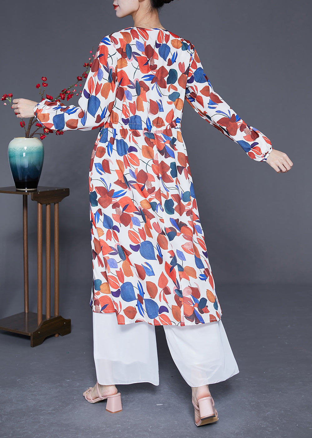 Red V Neck Print Silk Cinched Dress Spring