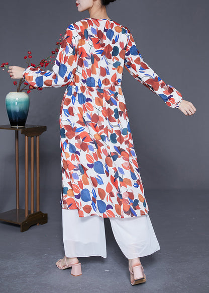 Red V Neck Print Silk Cinched Dress Spring
