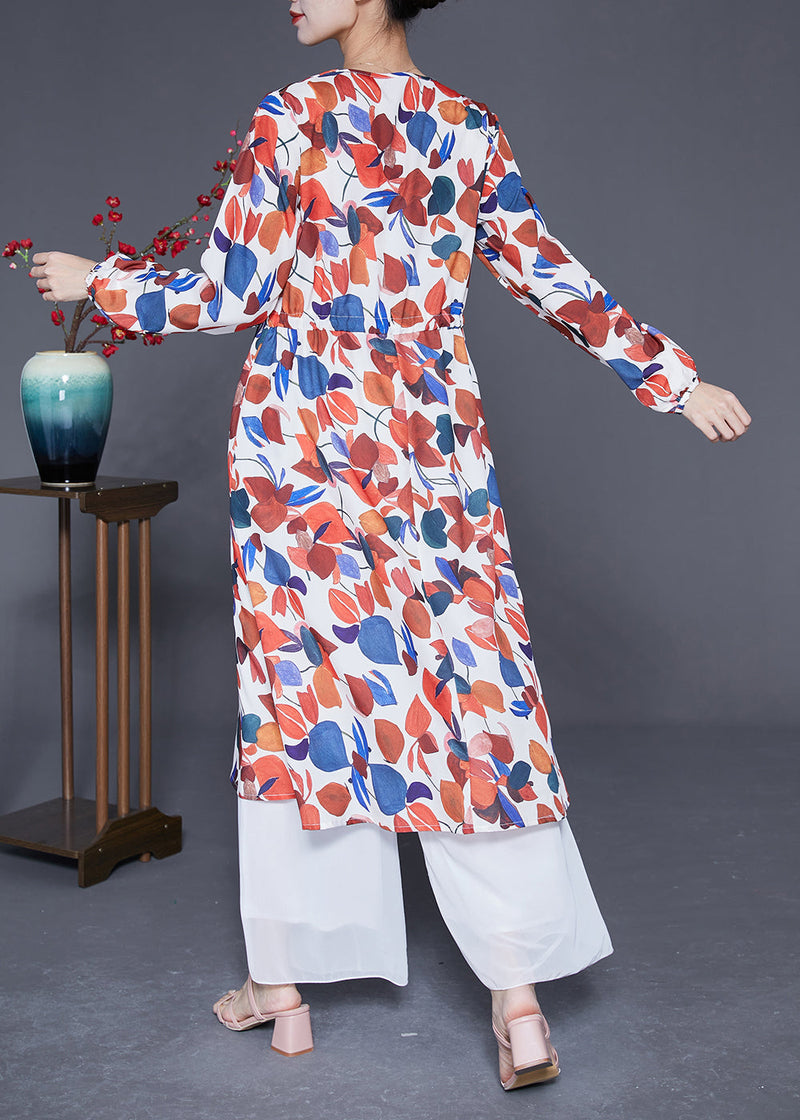 Red V Neck Print Silk Cinched Dress Spring