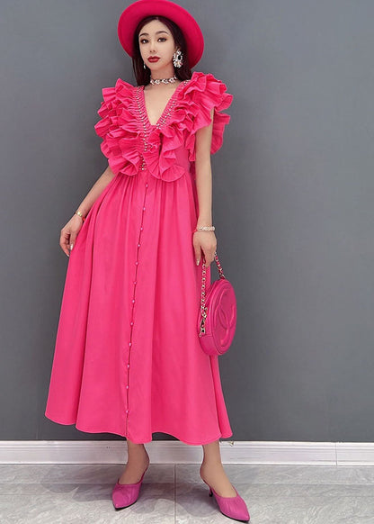 Red V Neck Ruffles Cotton Long Dresses Vestidos Sleeveless