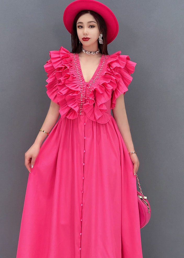 Red V Neck Ruffles Cotton Long Dresses Vestidos Sleeveless