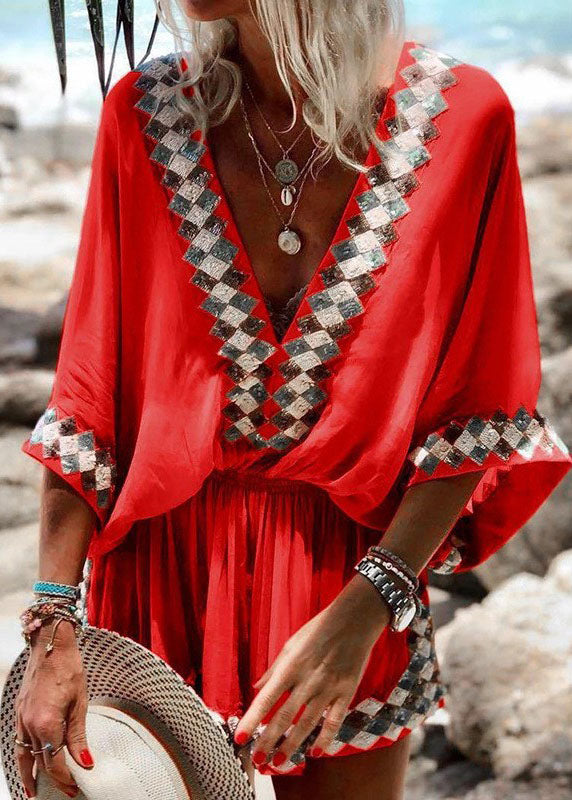 Red V Neck Wrinkled Elastic Waist Print Mid Dress Half Sleeve