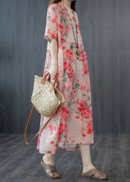 Red V Neck Wrinkled Patchwork Linen Dresses Short Sleeve