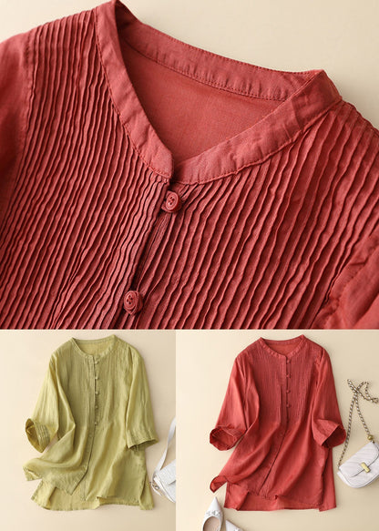 Red Wrinkled Patchwork Linen Shirt Tops Bracelet Sleeve
