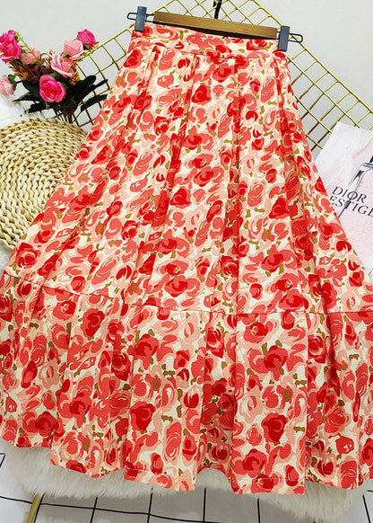 Red Wrinkled Patchwork Print Cotton Skirt Summer
