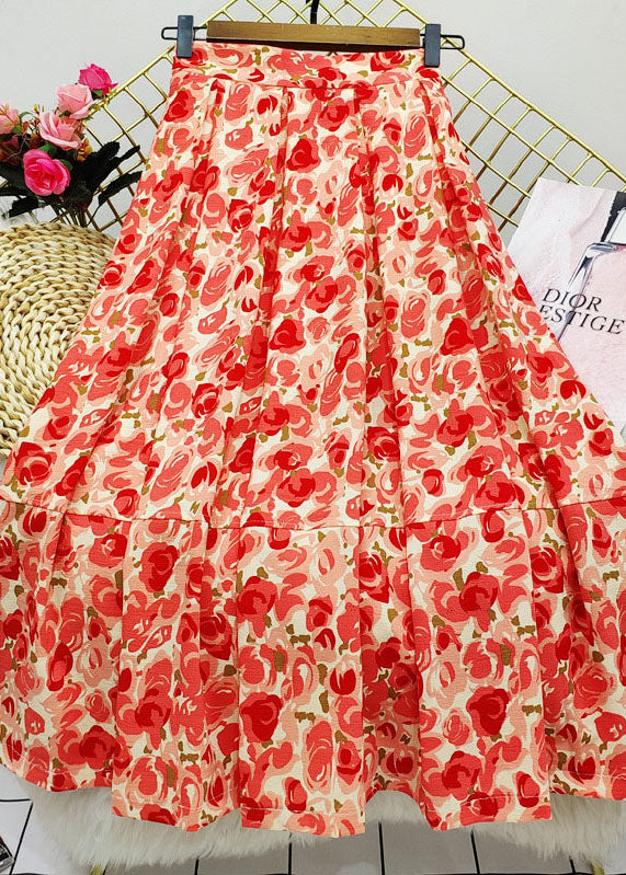 Red Wrinkled Patchwork Print Cotton Skirt Summer