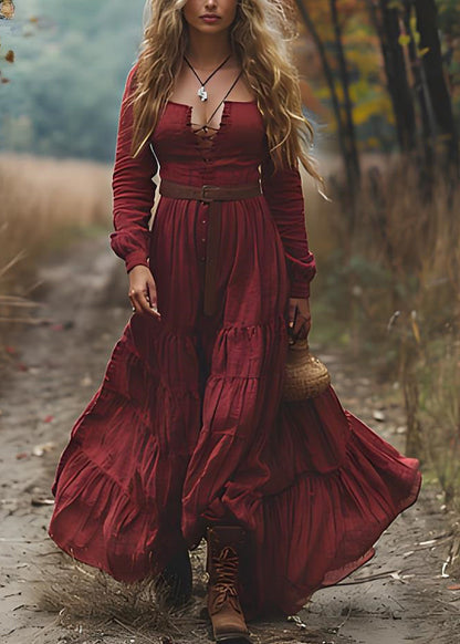 Red Wrinkledpatchwork Cotton Maxi Dresses Long Sleeve