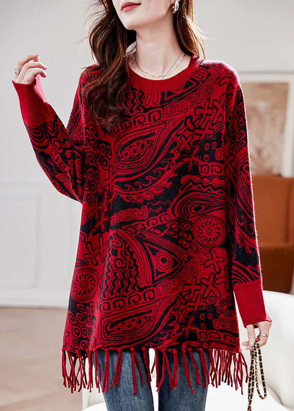 Redtassel Patchwork Cotton Knit Sweater Tops Batwing Sleeve