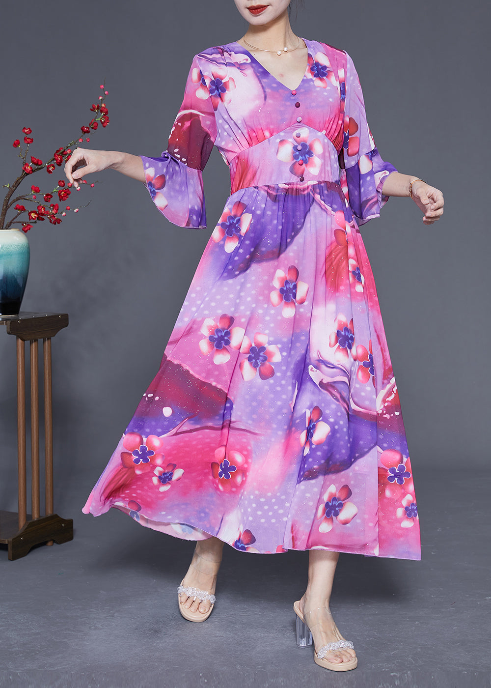 Rose Cinched Patchwork Print Silk Vacation Dress Summer