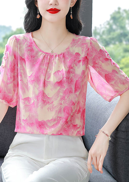Rose O Neck Print Chiffon Blouses Summer