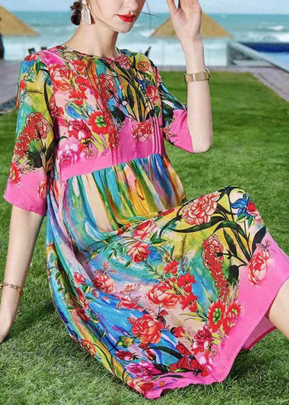 Rose O-neck Print Patchwork Silk Beach Dresses Short Sleeve