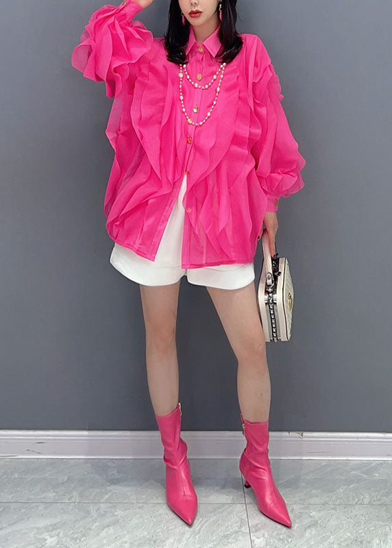 Rose Peter Pan Collar Ruffled Patchwork Chiffon Top Long Sleeve