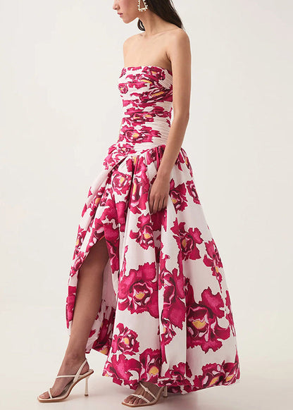 Rose Print Front Open Cotton Long Dresses Sleeveless
