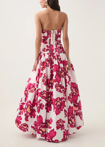 Rose Print Front Open Cotton Long Dresses Sleeveless