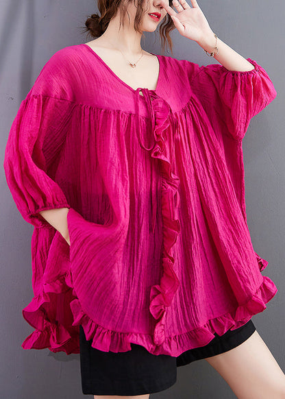 Rose Ruffled Oversized Cotton Blouses Bracelet Sleeve