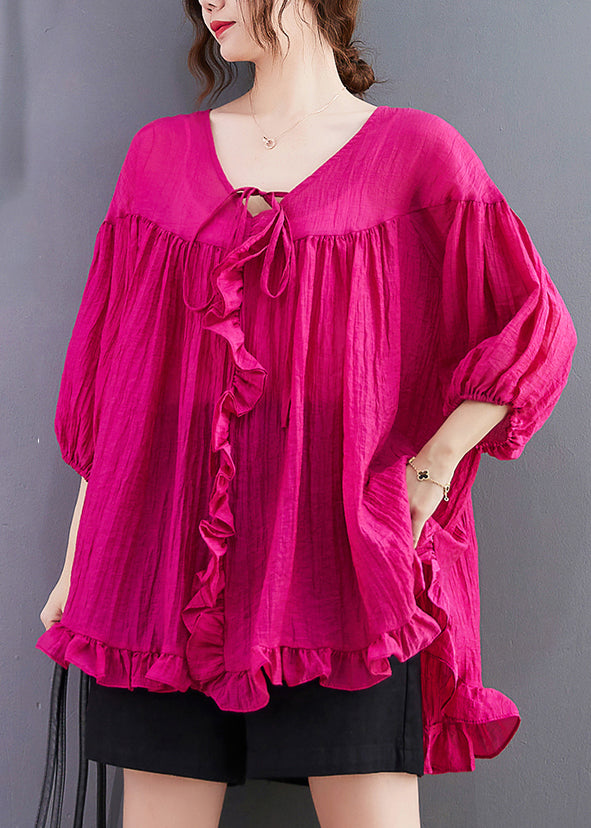 Rose Ruffled Oversized Cotton Blouses Bracelet Sleeve