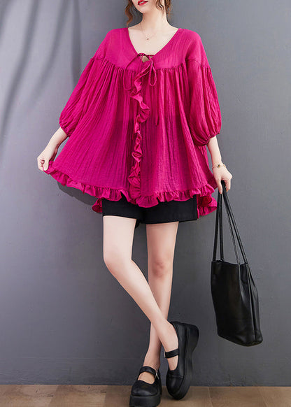 Rose Ruffled Oversized Cotton Blouses Bracelet Sleeve