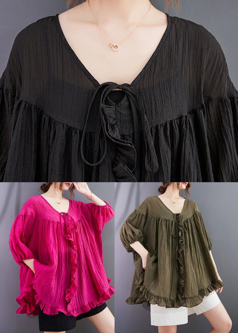 Rose Ruffled Oversized Cotton Blouses Bracelet Sleeve