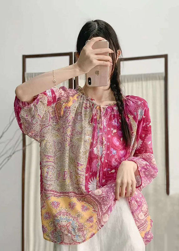 Rose Ruffled Print Patchwork Linen Shirt Tops Summer
