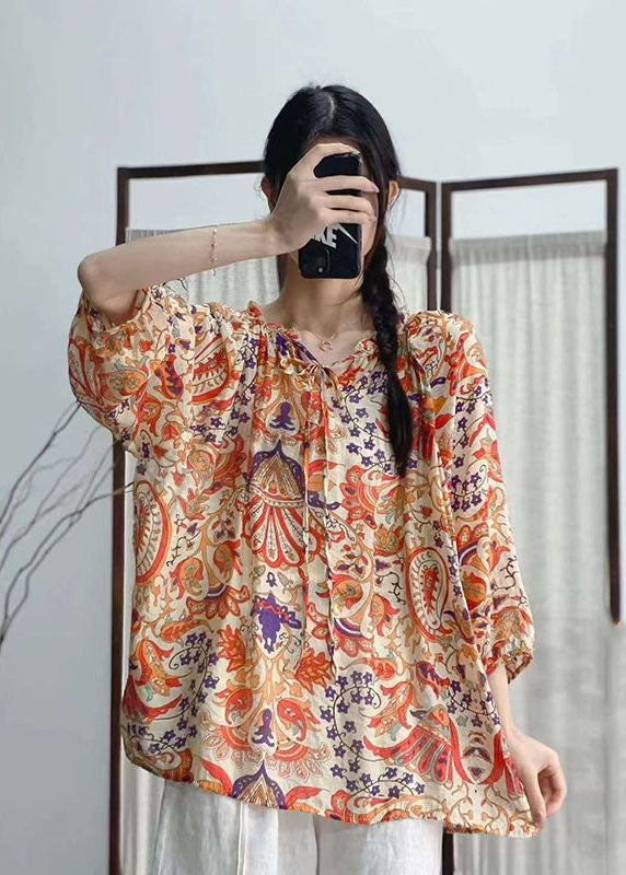 Rose Ruffled Print Patchwork Linen Shirt Tops Summer