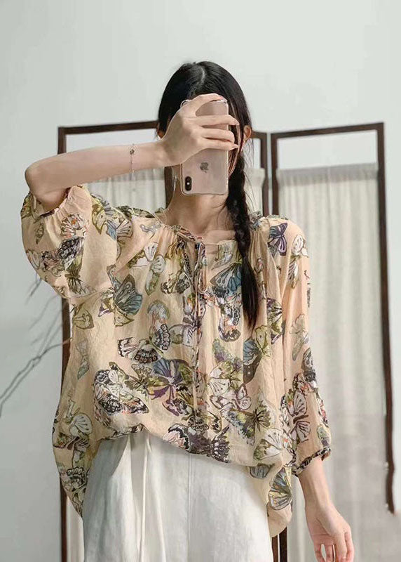 Rose Ruffled Print Patchwork Linen Shirt Tops Summer