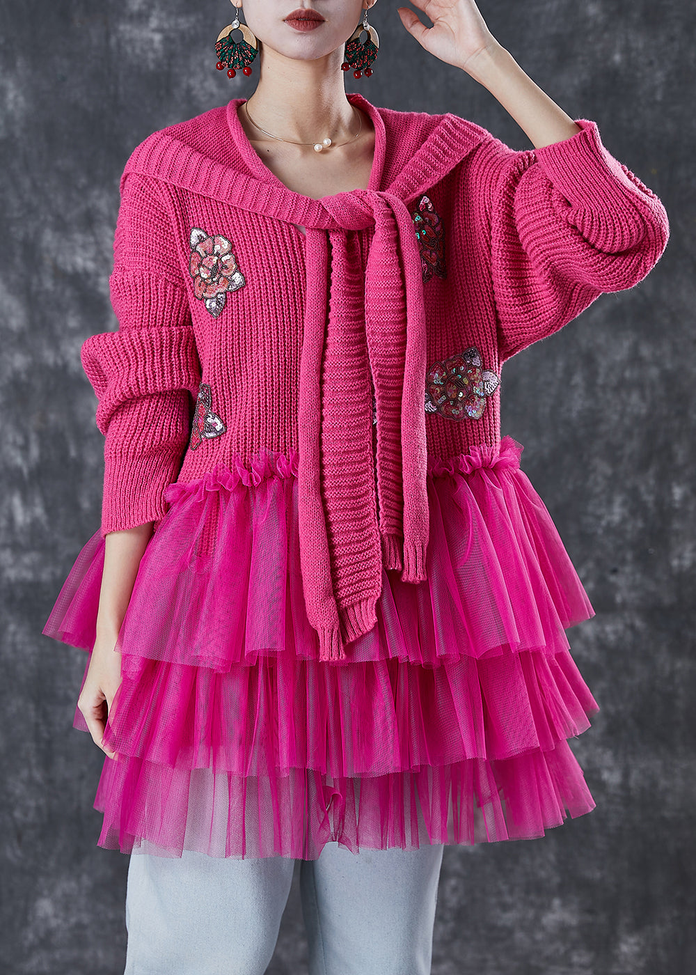 Rose Sequins Knit Sweater Dress and Shawl Two Piece Set Winter