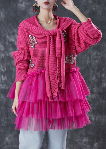 Rose Sequins Knit Sweater Dress and Shawl Two Piece Set Winter