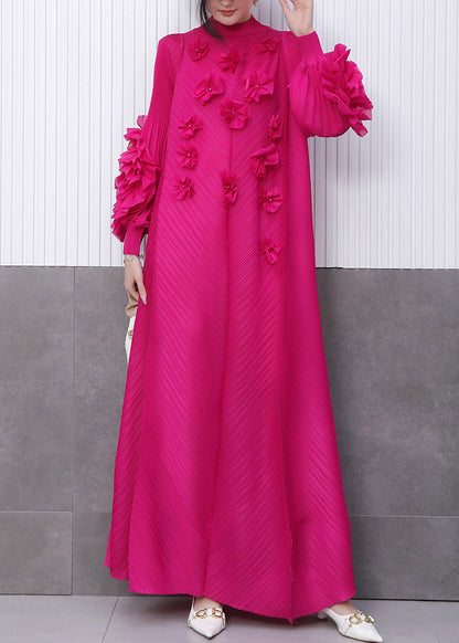 Rose Stand Collar Decorated Long Dresses Summer