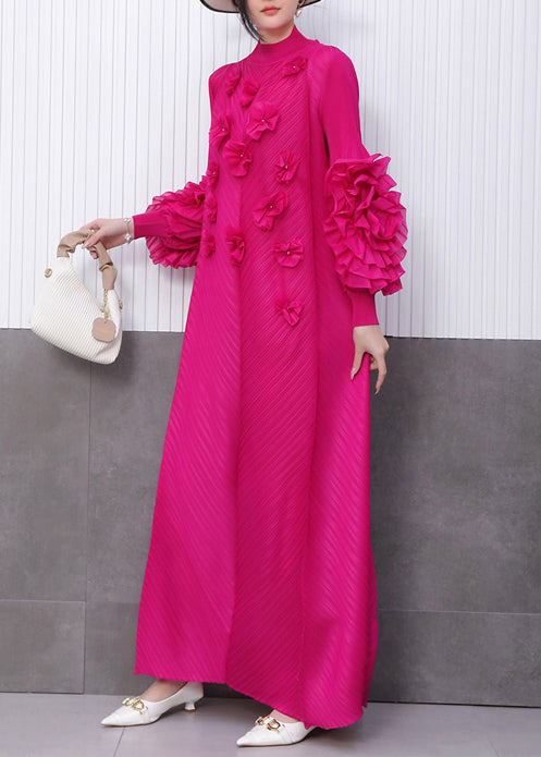 Rose Stand Collar Decorated Long Dresses Summer