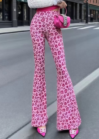 Rose Tummy Control Leopard Print Cotton Flared Trousers Summer