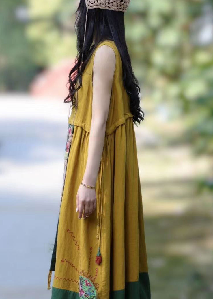 Rose V Neck Patchwork Linen Dresses Sleeveless
