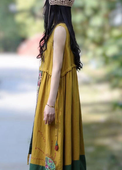 Rose V Neck Patchwork Linen Dresses Sleeveless