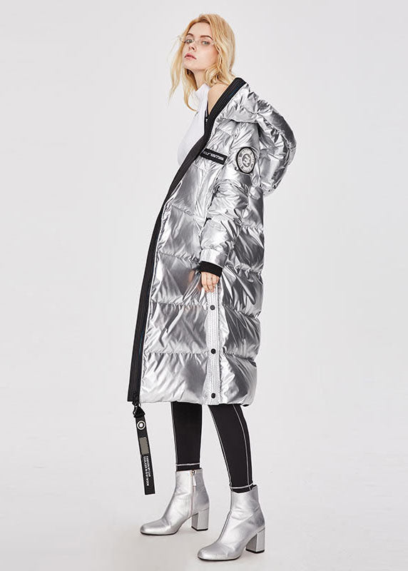 Silvery Stand Collar Zip Up Side Open Cotton Blend Winter Lengthen Coats