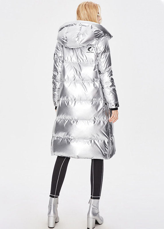 Silvery Stand Collar Zip Up Side Open Cotton Blend Winter Lengthen Coats
