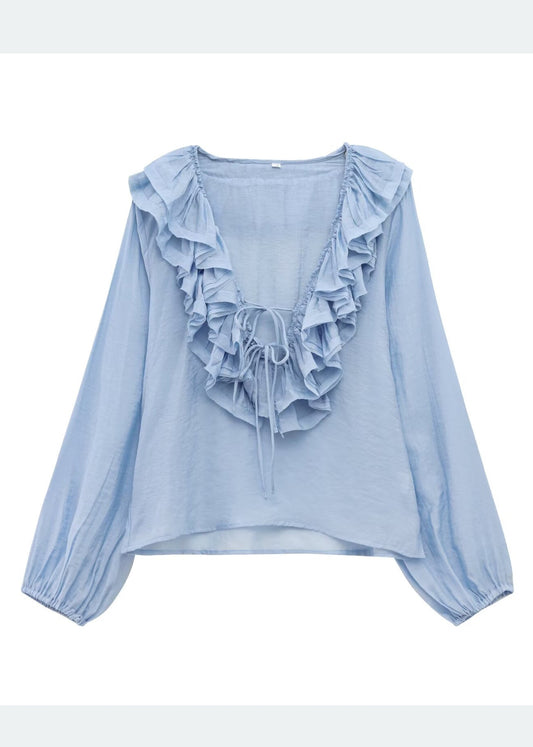 Bohemian Sky Blue Ruffled Cotton Shirt Tops Summer