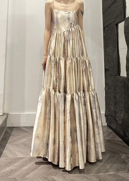 Slash Neck Print Patchwork Wrinkled Satin Long Slip Dress Summer