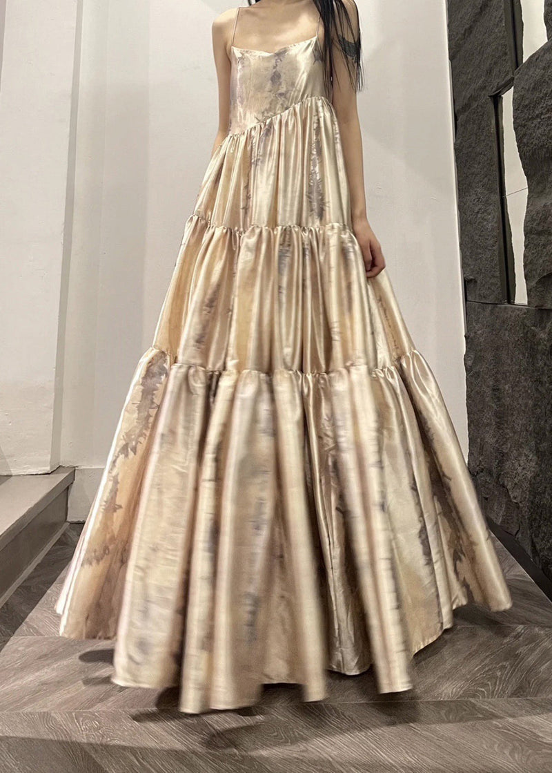 Slash Neck Print Patchwork Wrinkled Satin Long Slip Dress Summer