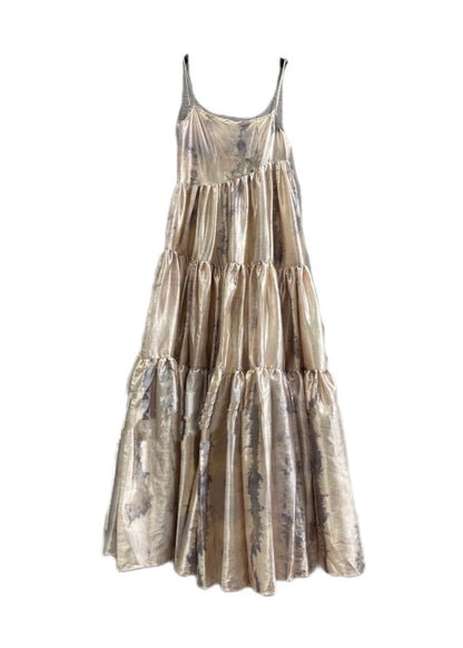 Slash Neck Print Patchwork Wrinkled Satin Long Slip Dress Summer
