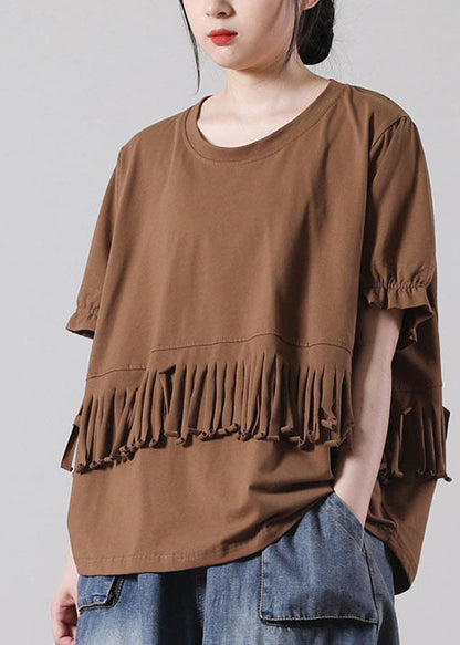 Green O-neck Patchwork Cotton Tank Tops Short Sleeve