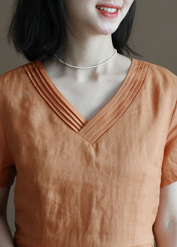 Orange V Neck Wrinkled Linen Cinch Dress Short Sleeve