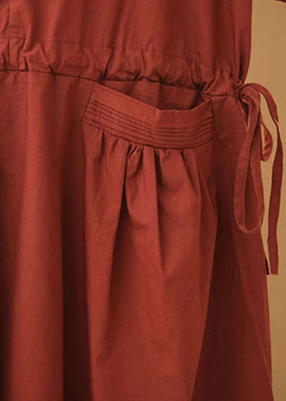 Red O-neck Drawstring Cotton Holiday Dress Short Sleeve