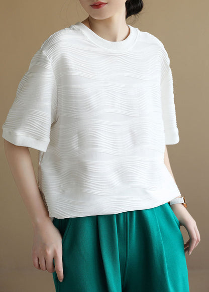 White O-neck Wrinkled Cotton Tanks Short Sleeve