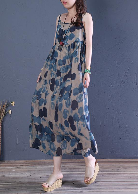 Spaghetti Strap Cinched Cotton Dresses Runway Blue Print a Line Dress