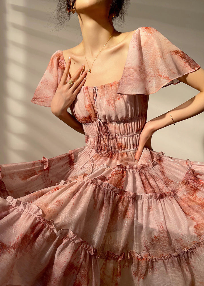 Square Collar Print Chiffon Mid Dresses Short Sleeve