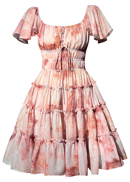 Square Collar Print Chiffon Mid Dresses Short Sleeve