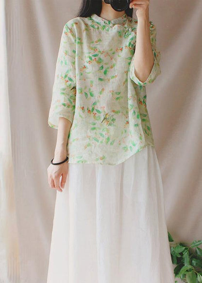 Bohemian Stand Collar Half Sleeve Clothes For Women Green Leaves Tops