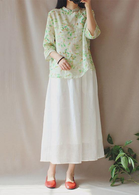 Bohemian Stand Collar Half Sleeve Clothes For Women Green Leaves Tops