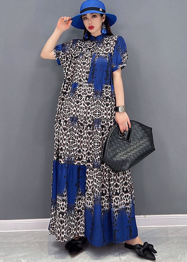 Stand Collar Leopard Print Wrinkled Long Dress Short Sleeve